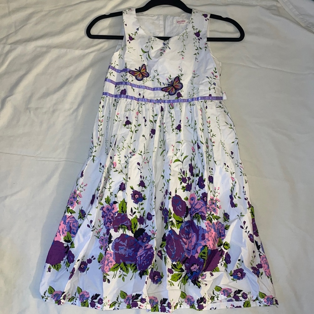 Girls White Butterfly Purple Flowers Dress 11/12 Like New Summer Dress Kids